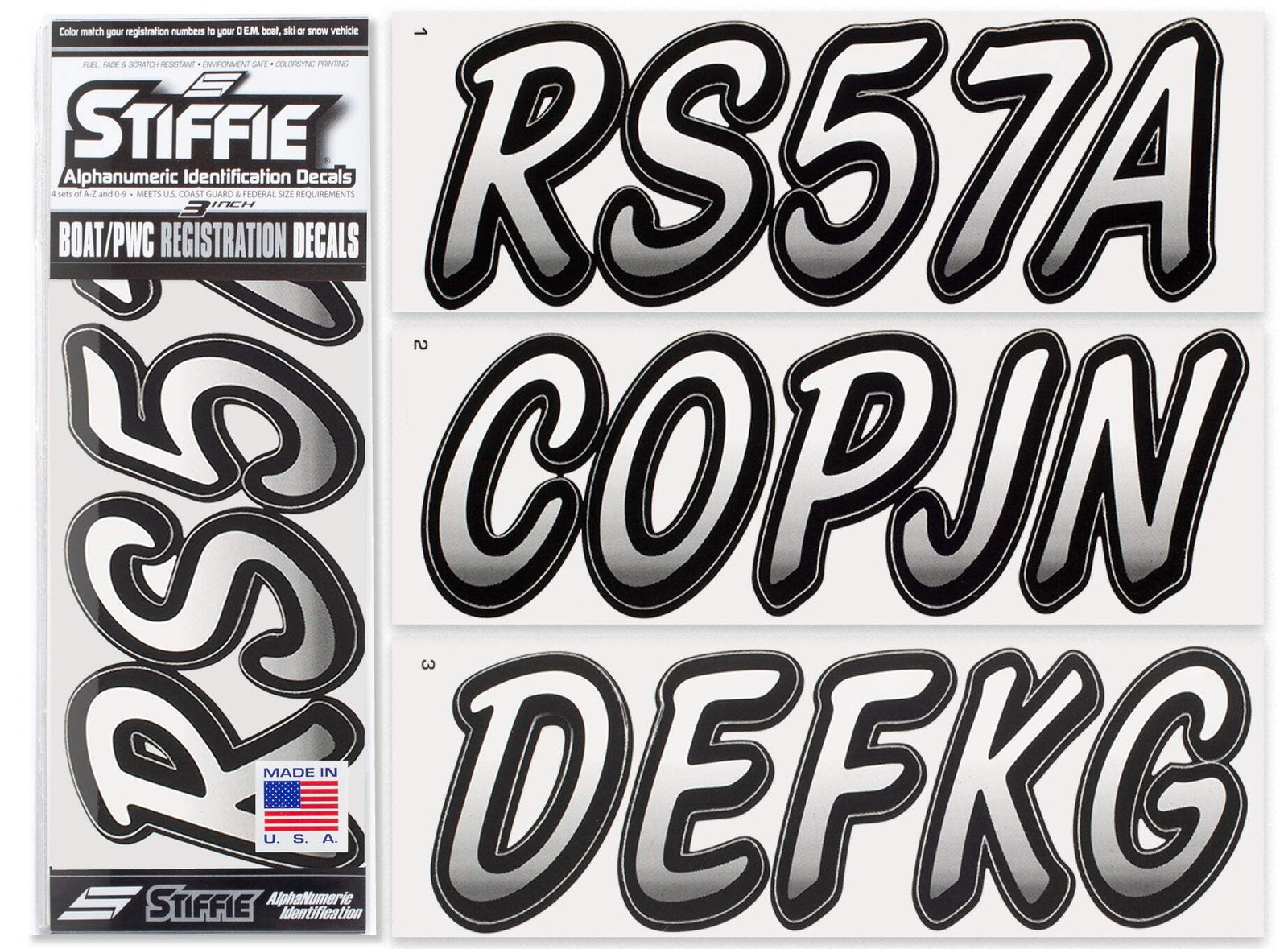 STIFFIE Whipline White/Black 3" Boat & PWC Registration Decals • Numbers Letters