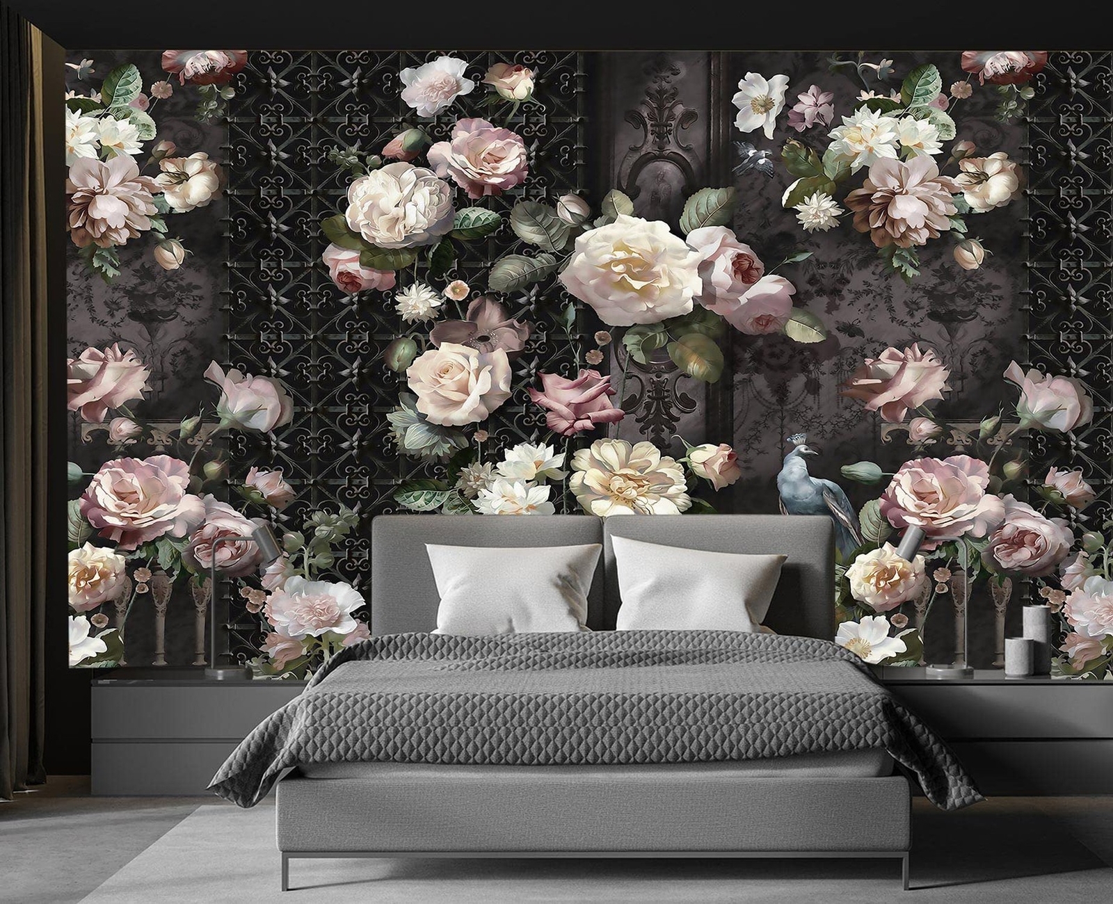 Cliouar-Black Fence Bird Peacock Pink Yellow White Rose 3D Mural Wallpaper Be…