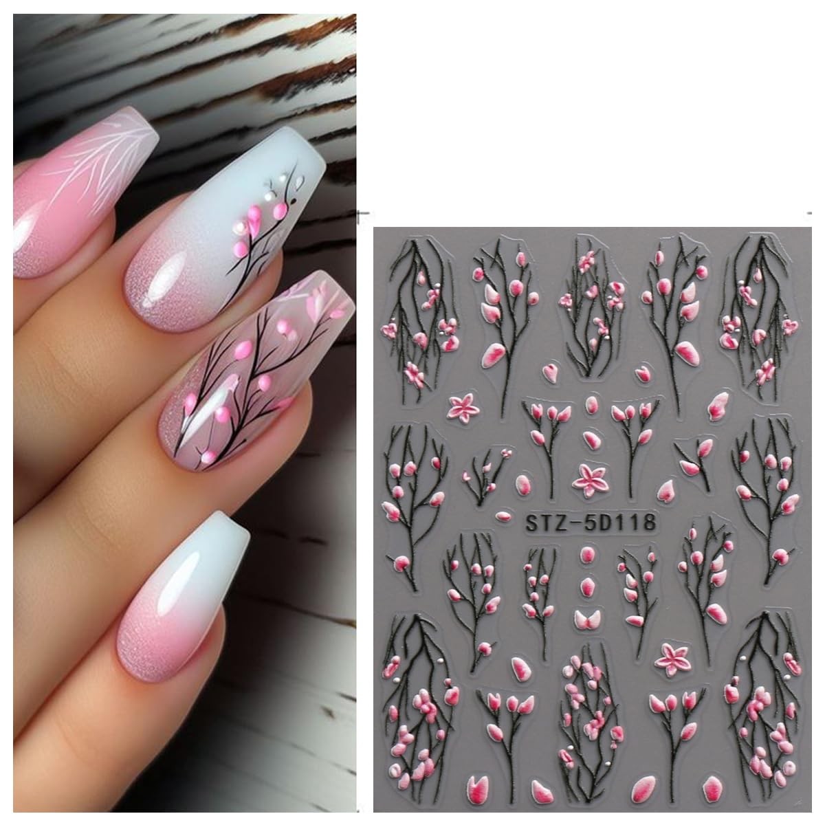 JMEOWIO 3D Embossed Flower Nail Art Stickers Decals Self-Adhesive 5D Colorful