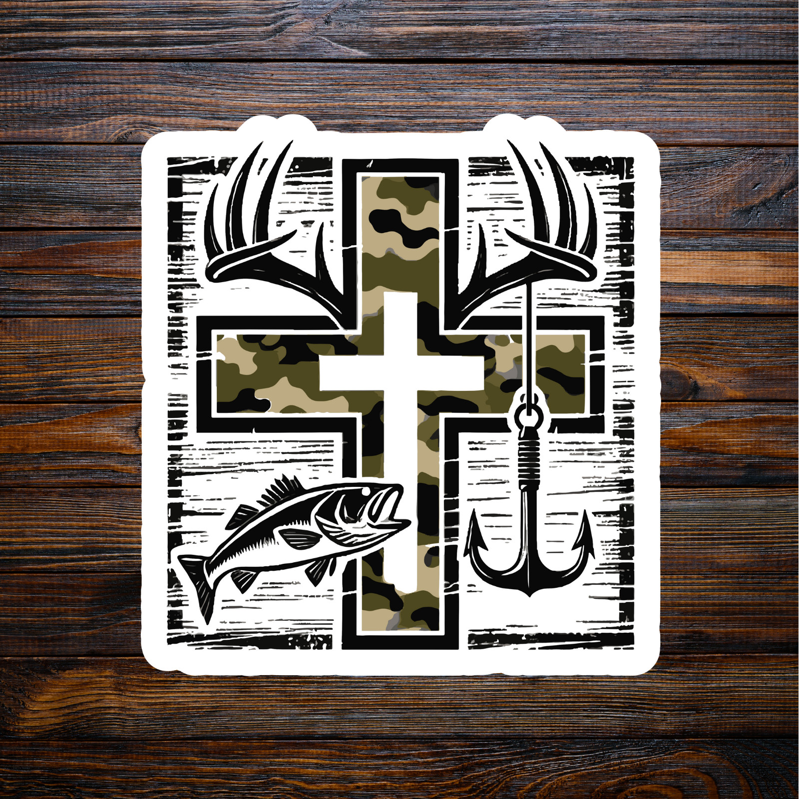 Fishing sticker vinyl decal cross religious hunting camo outdoor novelty mug