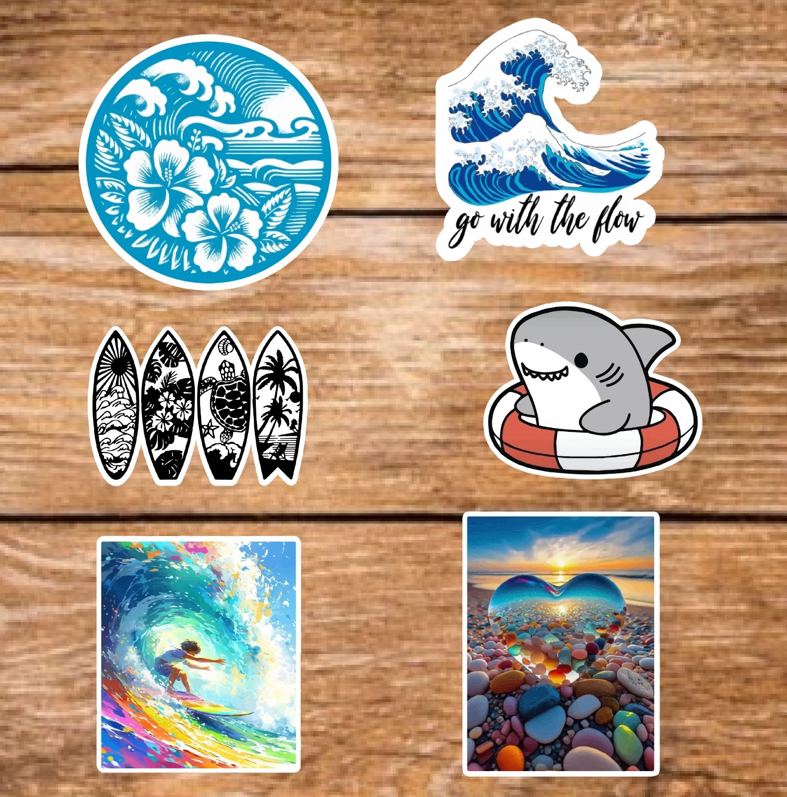 Beach Life – 3 Pages (18 Sticker Set) 2in, Waterproof, Glossy Finish Vinyl.