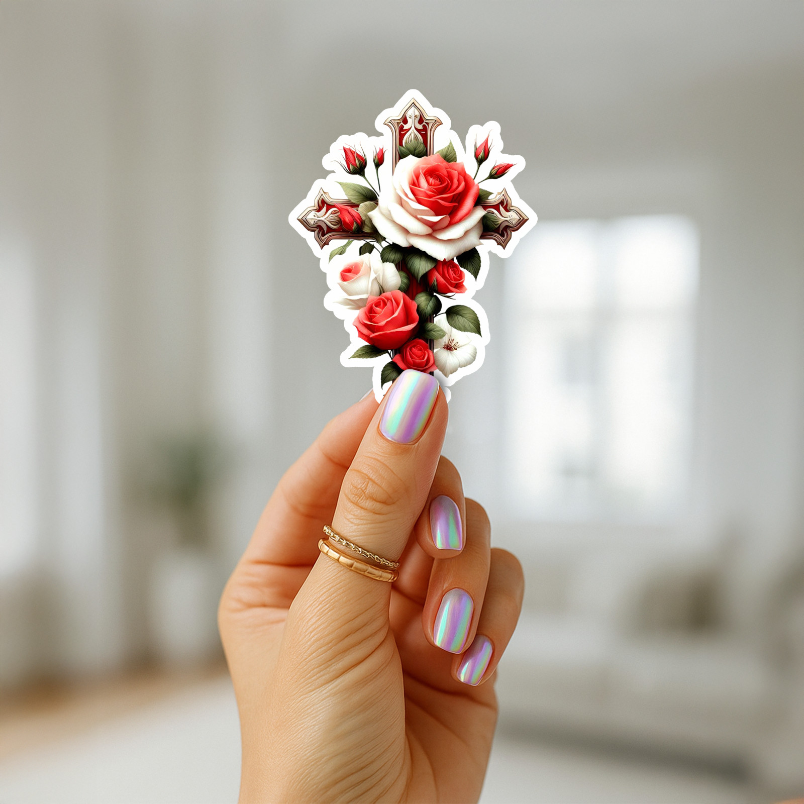 Red & White Roses Cross Vinyl Sticker Christian Floral Waterproof Glossy Decal