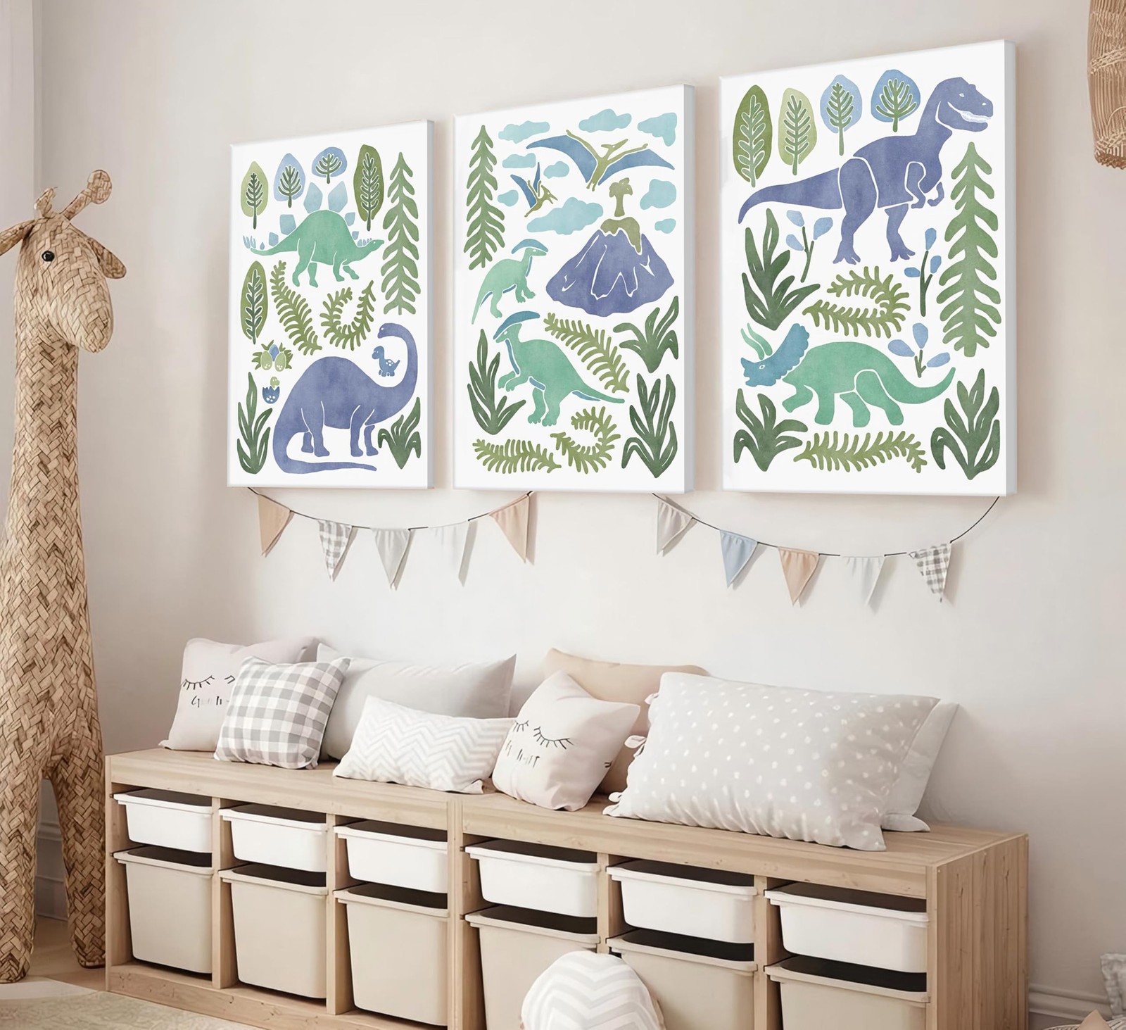 Baby Boys Nursery Wall Art Blue Green Dinosaur Pictures Wall Decor Stegosauru…