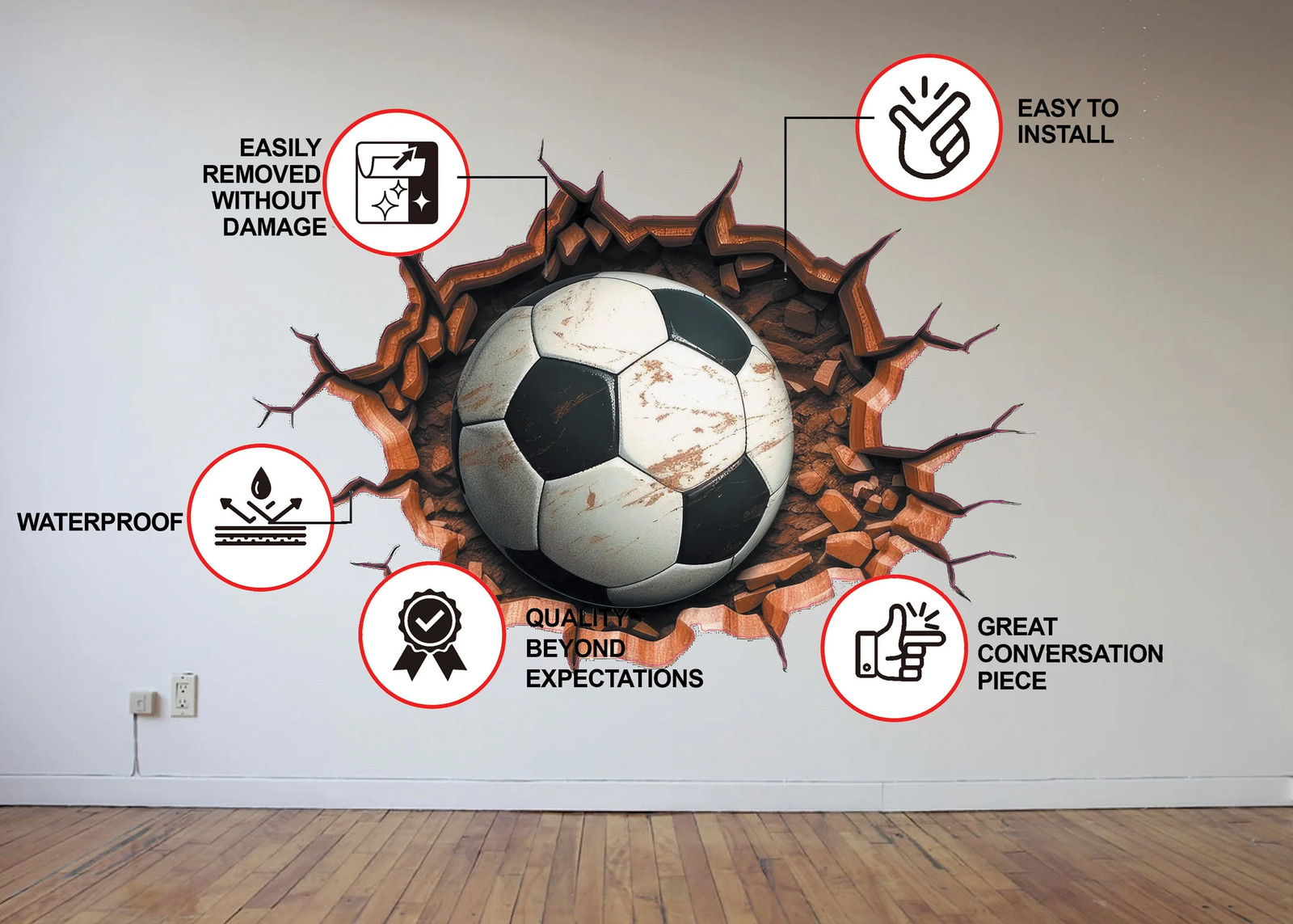 3D Football Wall Decal – Boys Room Breakthrough Sticker – Sporty Soccer Art –