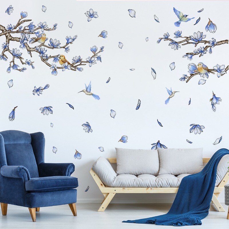 Wall Stickers Clings Decals Bird Tree Floral Home Decor PVC Blue Living Room