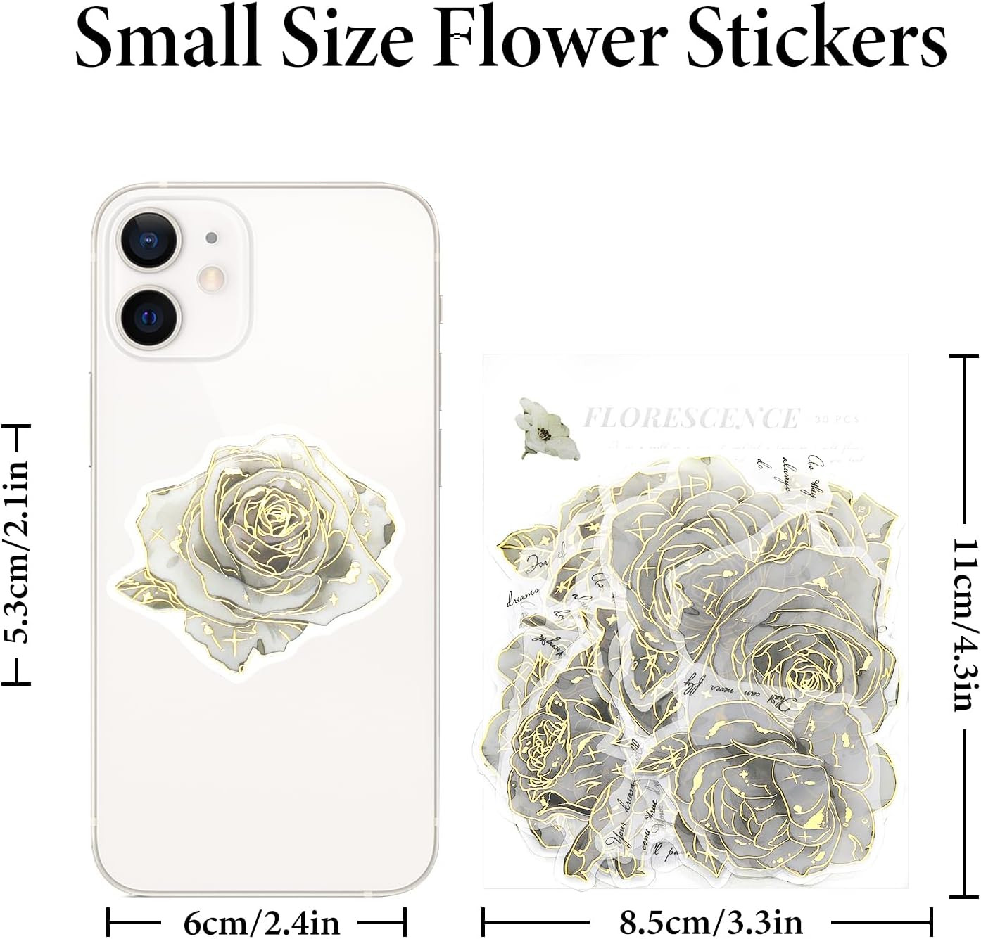 Black and White Flower Stickers, Shiny Gold Stickers Floral Decals for Scrapbook
