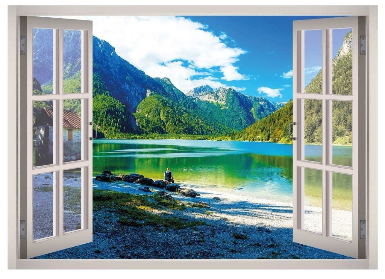 Landscape Lake Mountain Window 3D Wall Decal Art Mural Decor Canvas Vinyl W149