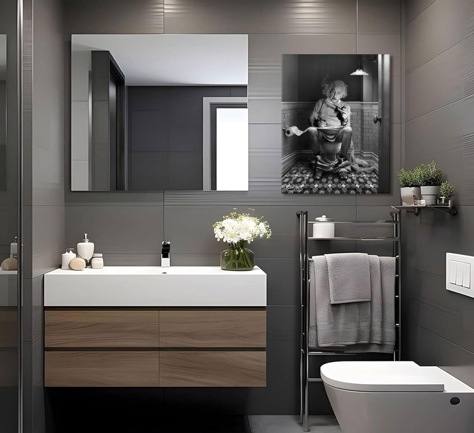 Funny Bathroom Canvas Wall Art Reading Newspaper On Toilet Picture Black and …