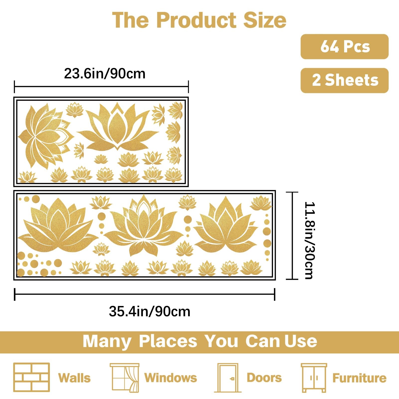 2 Sheets Lotus Flower Wall Decals DIY Gold Dot Removable Vinyl Stickers for Y…