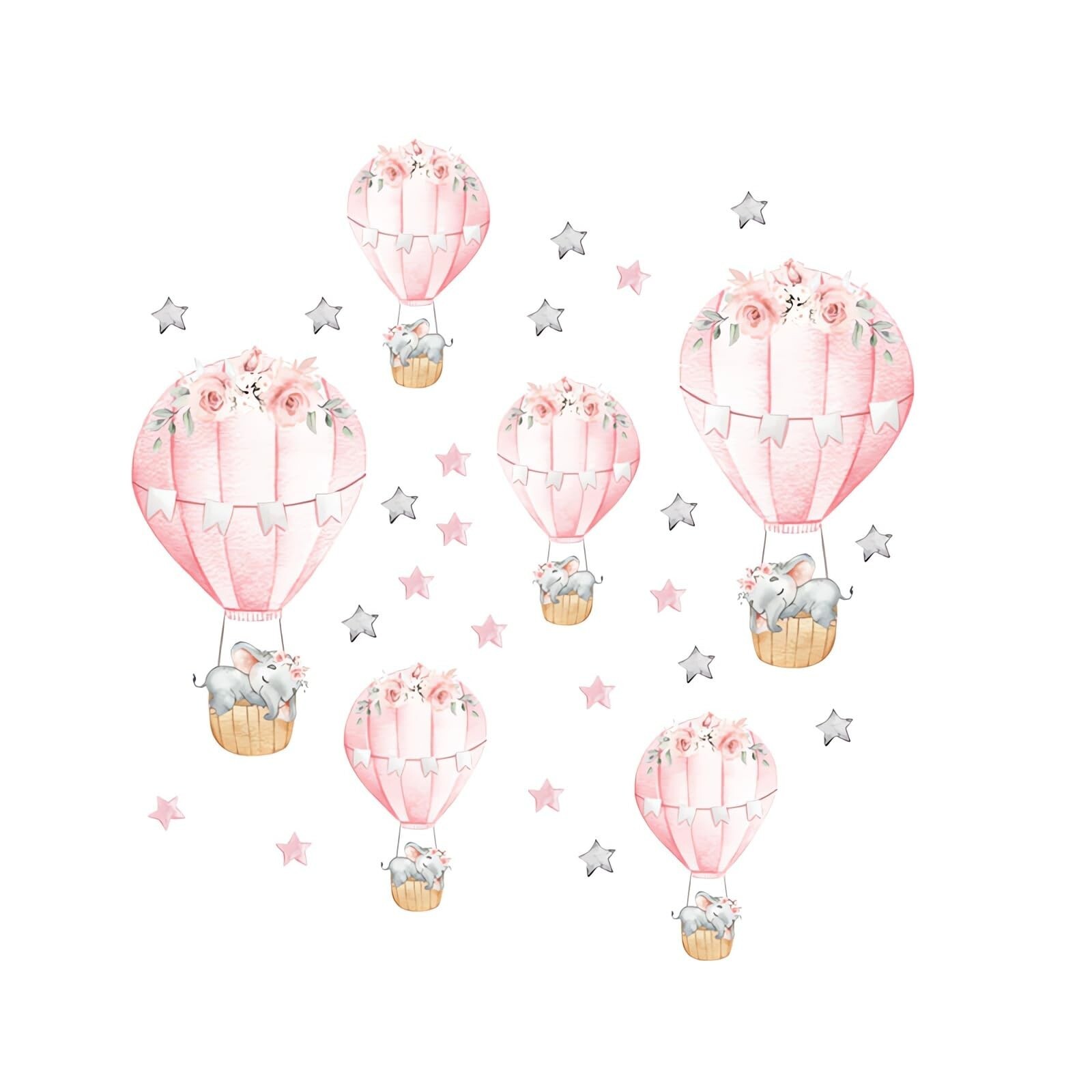 6 Pink Hot Air Balloons Sleeping Baby Elephants Stars Wall Stickers, sacinora…