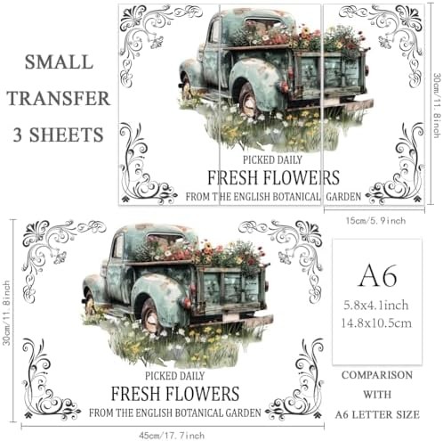 OLYCRAFT 3pcs/Set Vintage Truck Flowers Rub on Transfer Stickers 11.8×5.9 Inch S