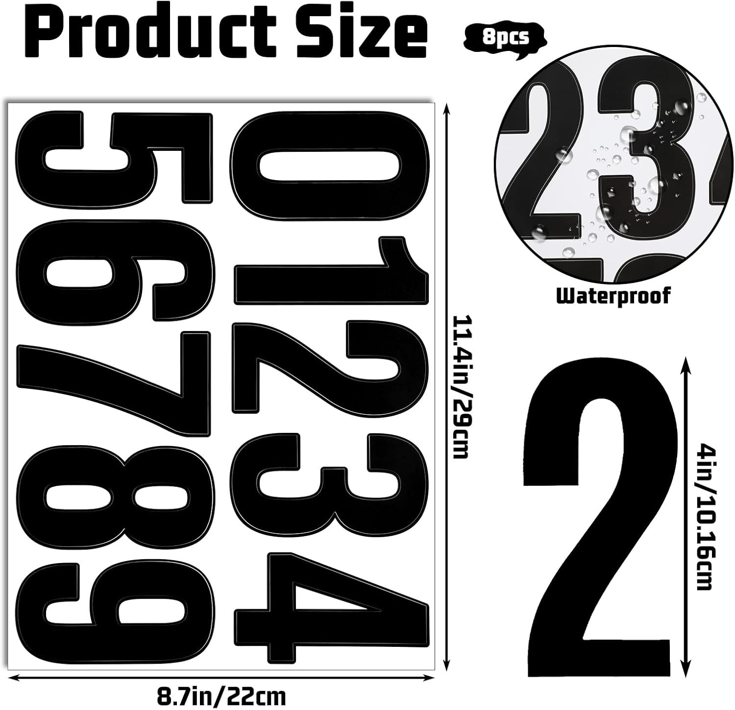 8 Sheets Black Number Stickers 0-9, 4 Inch Vinyl Waterproof Reflective Mailbo…