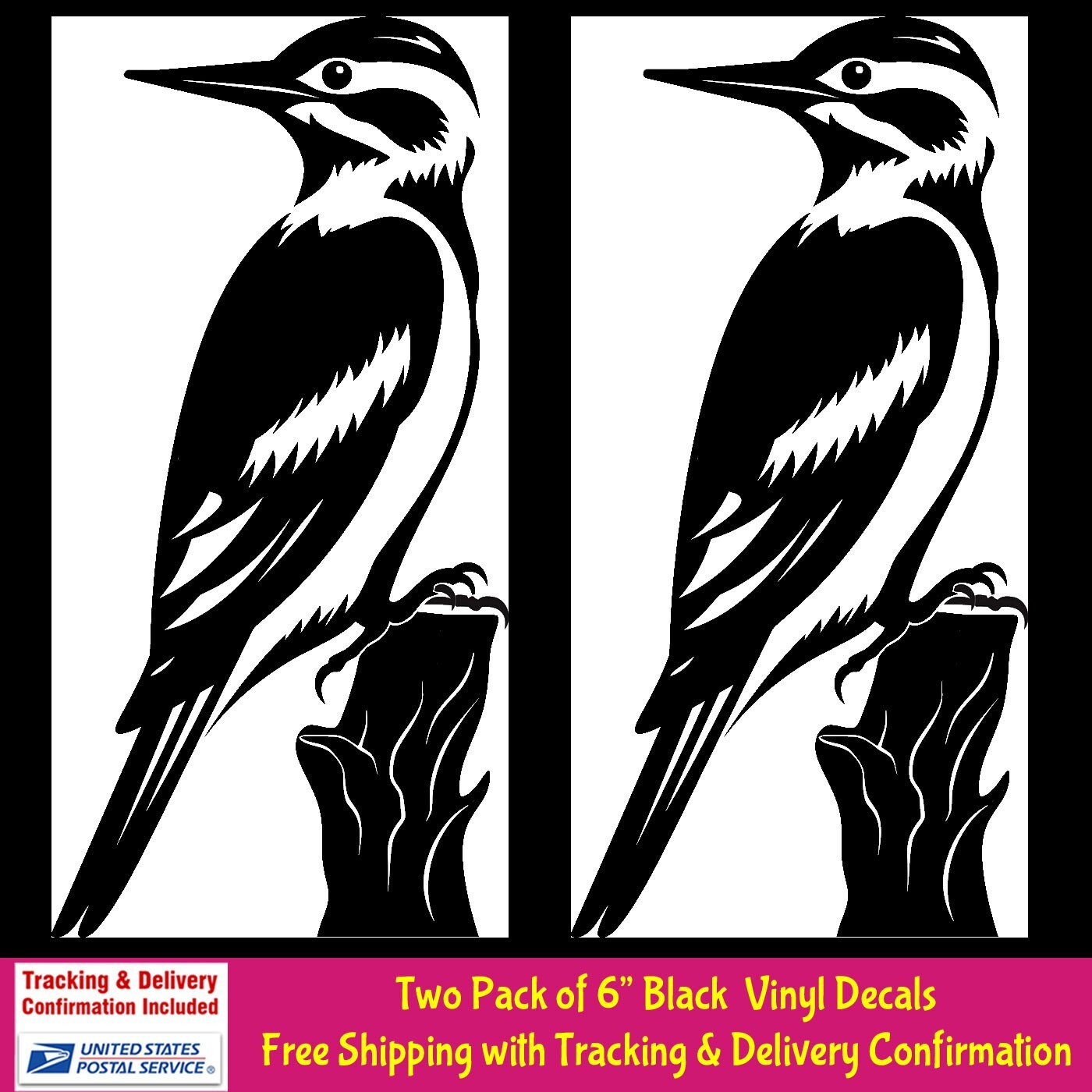 Woodpecker Bird 2 PK 6" Black Vinyl Decal Car Truck Laptop Tablet Mailbox