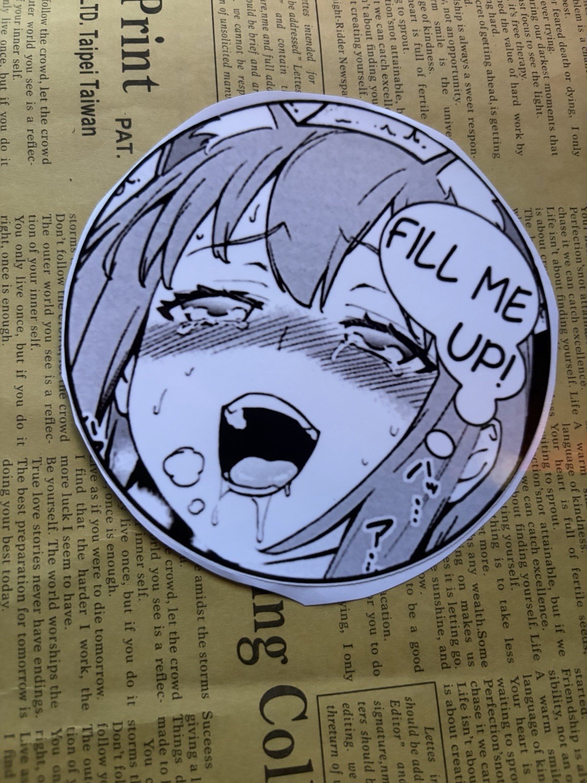 Anime & Manga Round Sticker Decal "FILL ME UP!" Black White Gray 5×5