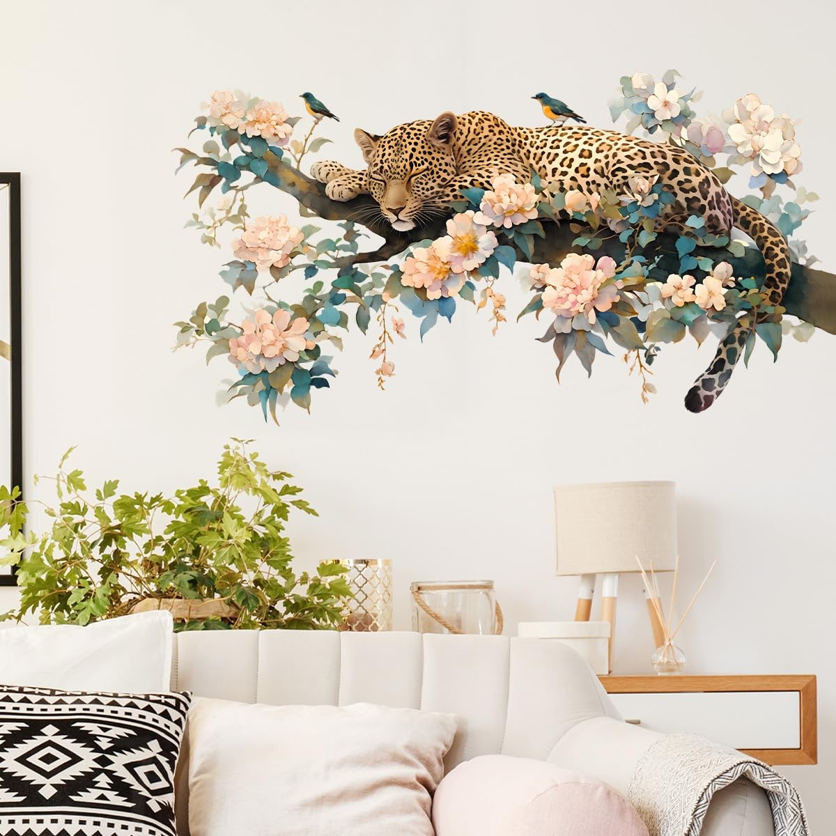 Sleeping Leopard with Flowers Wall Decal Jungle Animal Wall Sticker