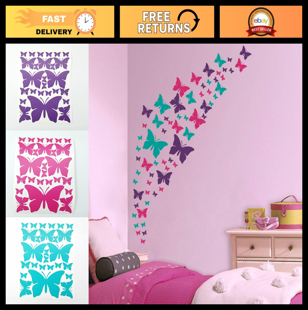 Butterfly Wall Decals Set – Purple, Pink & Turquoise Stickers for Nursery Decor,