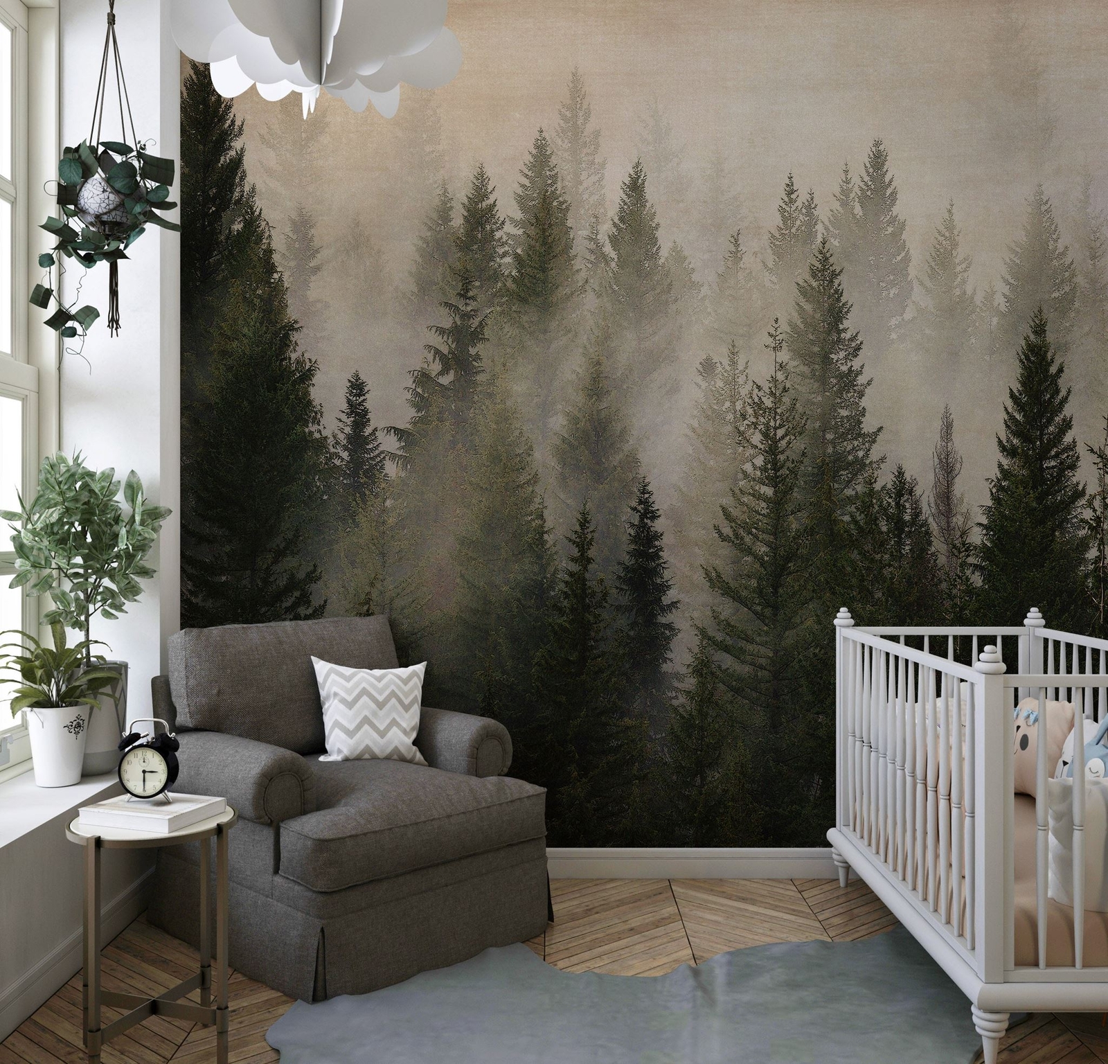 Misty Pine Tree Forest Landscape Wallpaper. Peel and Stick Wall Mural. Self Adhe