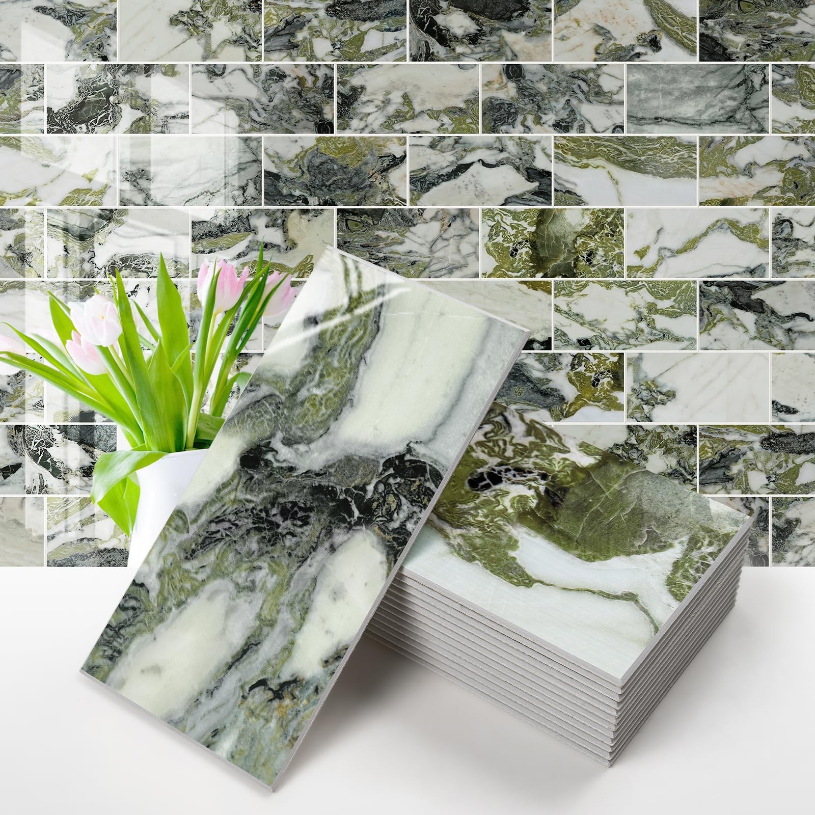 100-Piece Glossy Ice Green Peel and Stick Backsplash Tile,3"x6" PVC Subway …