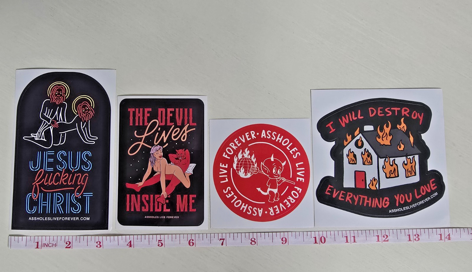 A$$holes Live Forever ALF Stickers Pack of 4 – Jesus Devil Fire LOGO Decals LOT