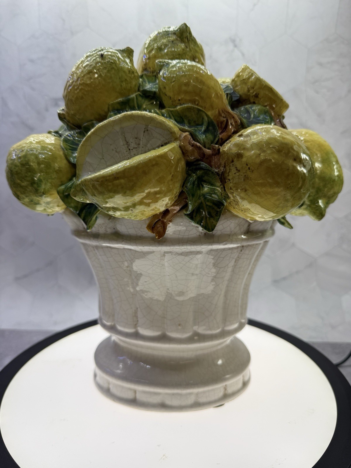 Beautiful decorative Italian Majolica ceramic basket of lemons, Centerpiece.