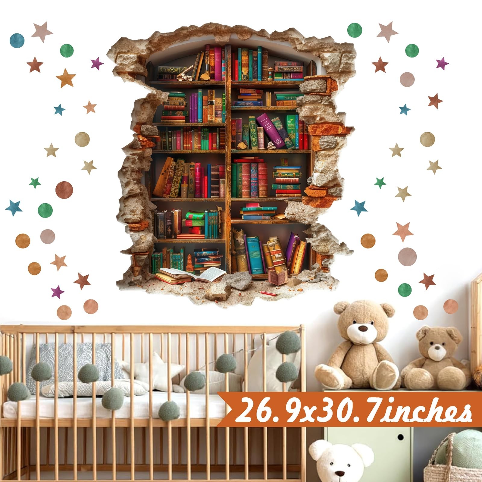 Large Vintage Book Wall Stickers 3D Broken Wall Decals Peel and Stick Reading…