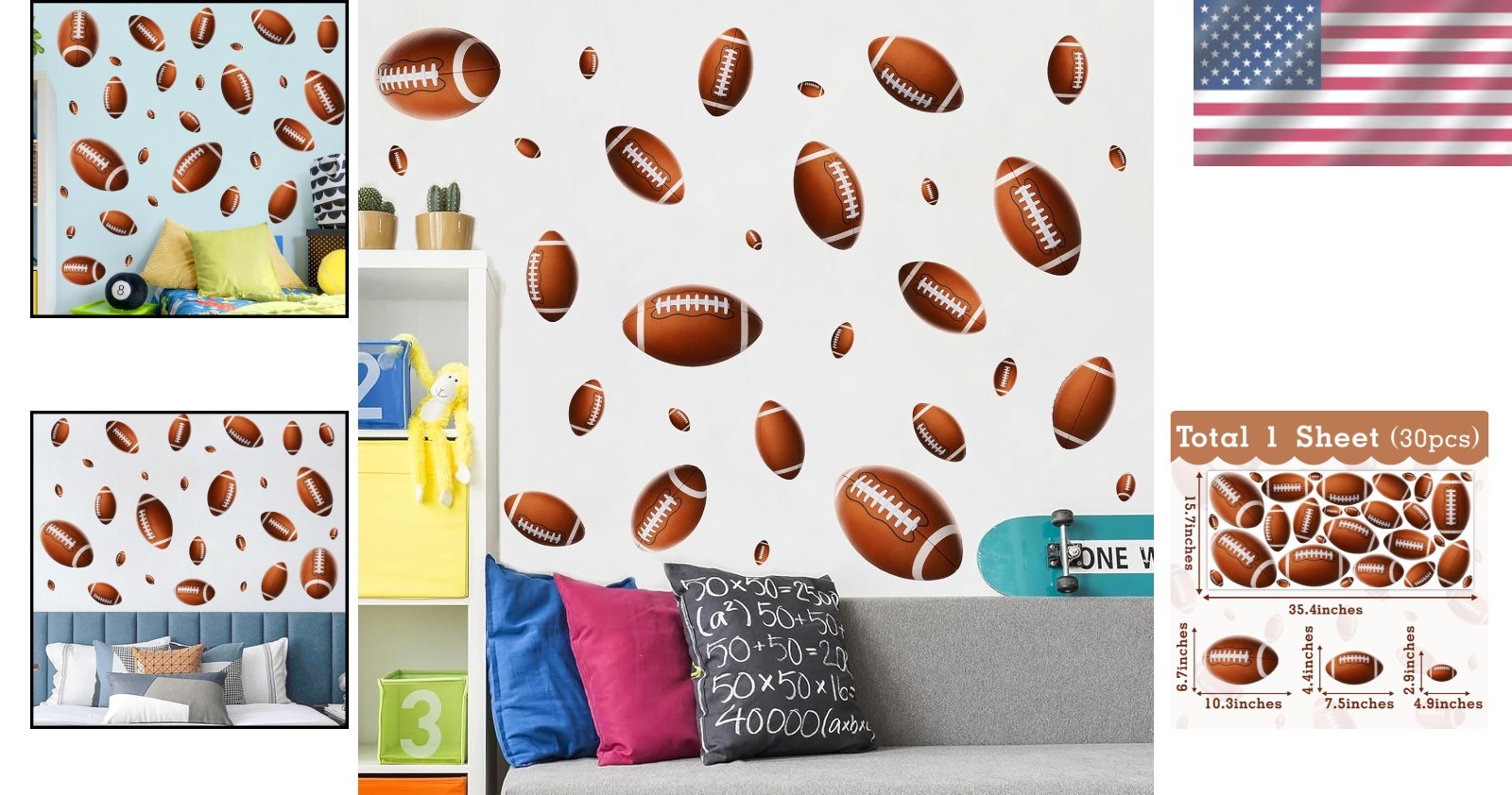 Peel and Stick Football Wall Decals for Kids' Rooms – Removable & Waterproof