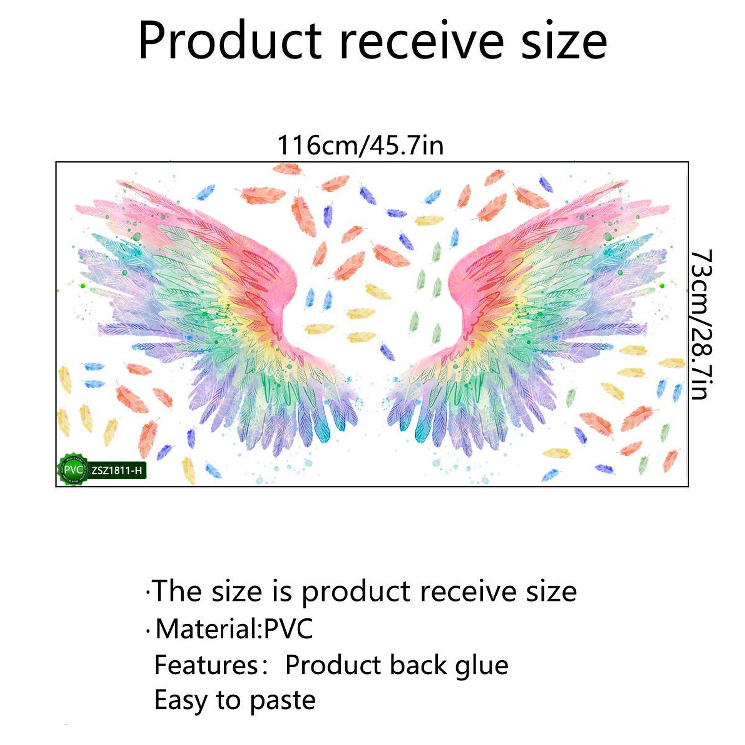 Angel Wings Watercolor Feather Wall Stickers, Multicolor, PVC, Custom Style, …