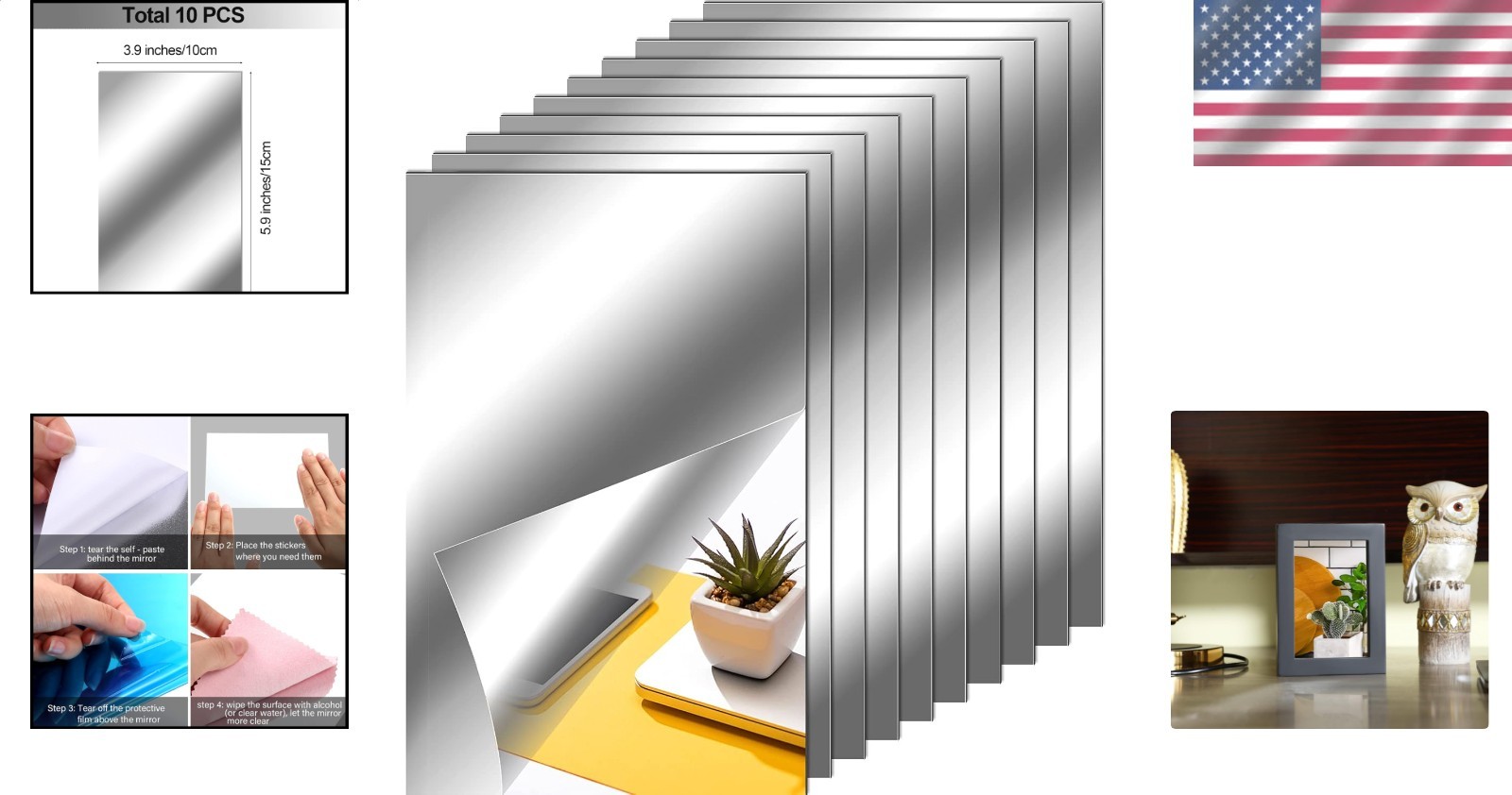 Adhesive Mirror Tiles Stickers 10 Pack 4×6 Inch Unbreakable Wall Decor