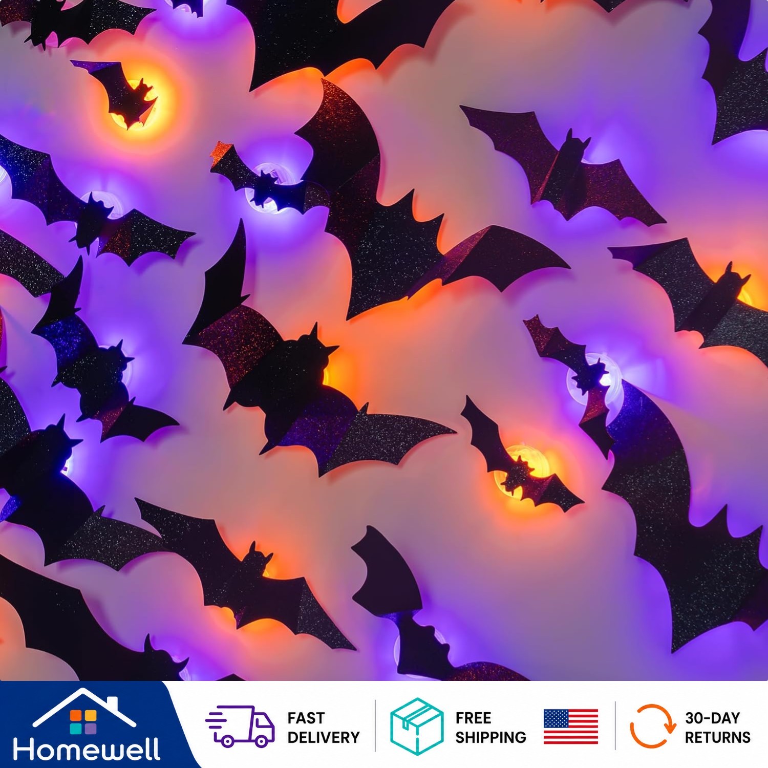 Eerie 40-Piece Halloween Bat Wall Stickers – 3D Glow with Orange & Purple Lights