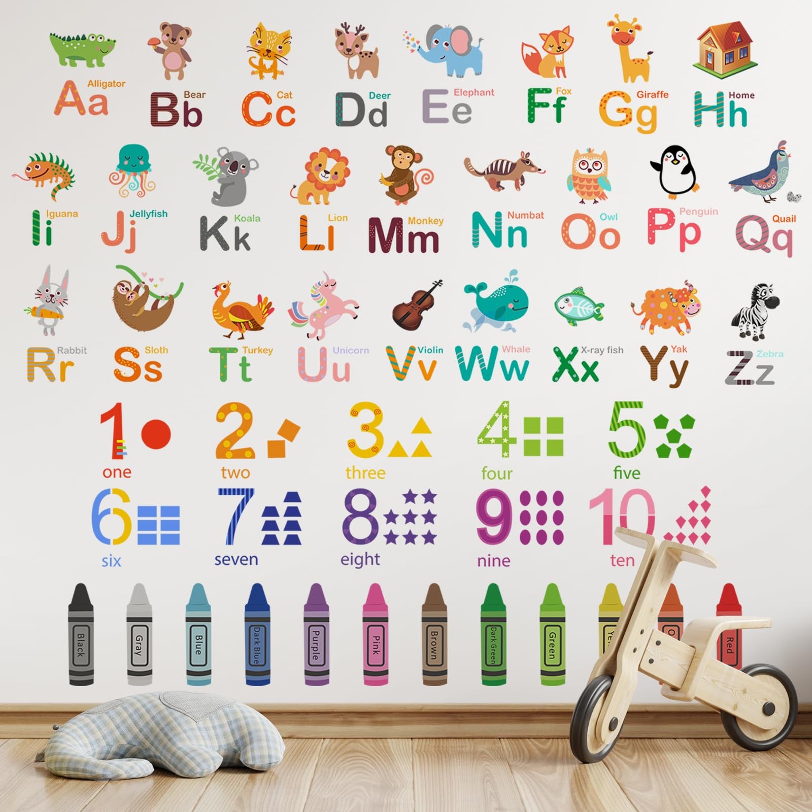 Animals Alphabet Numbers Wall Decals for Kids Room Colouring Pencils Wall Sti…
