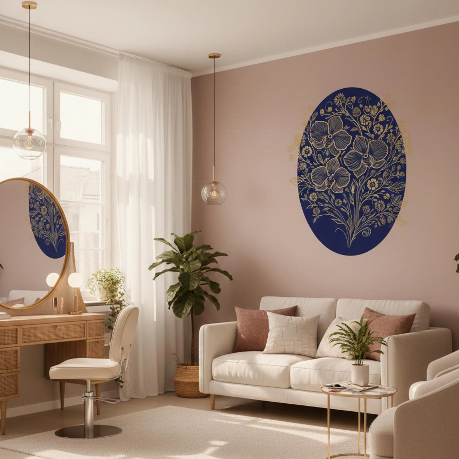 Gold Filigree Orchid Decal | Navy Blue Floral Mural