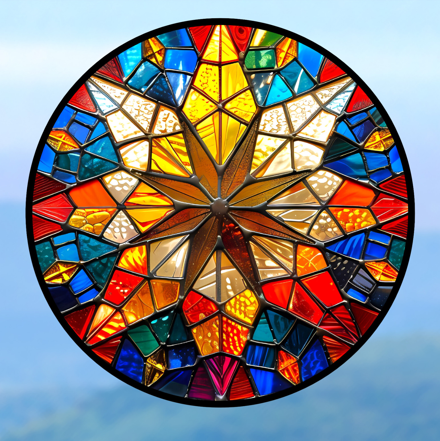Colorful Star Faux Stained-Glass WINDOW CLING Size 8" Round Vinyl