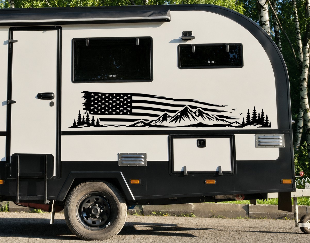 Mountain American Flag Vinyl Decal Distressed Patriotic RV Camper Graphic V2