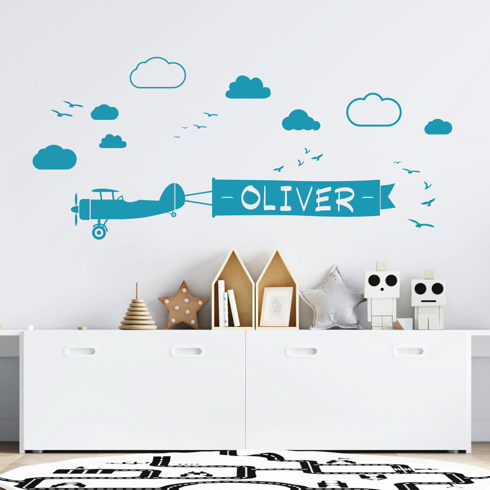 Personalised Name Children Plane Wall Art Sticker – Airplane with Ribbon Flyi…