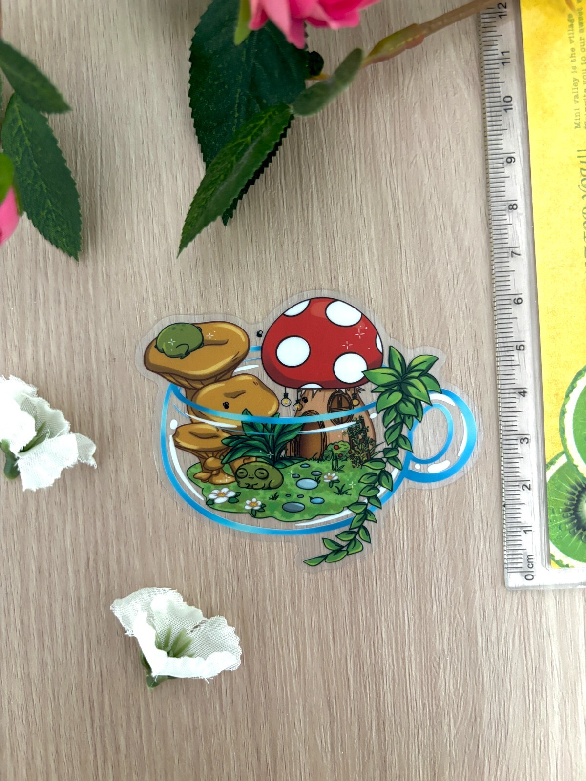 Cottage Core Plant Frog Mushroom House Clear Vinyl Sticker| Transparent Vinyl