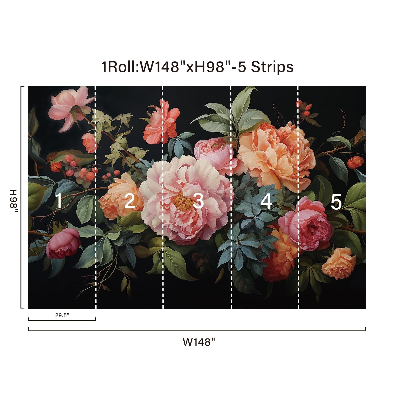 Large Floral Peel and Stick Wall Murals 148" W x 98" H Vintage 3D Dark Peony …