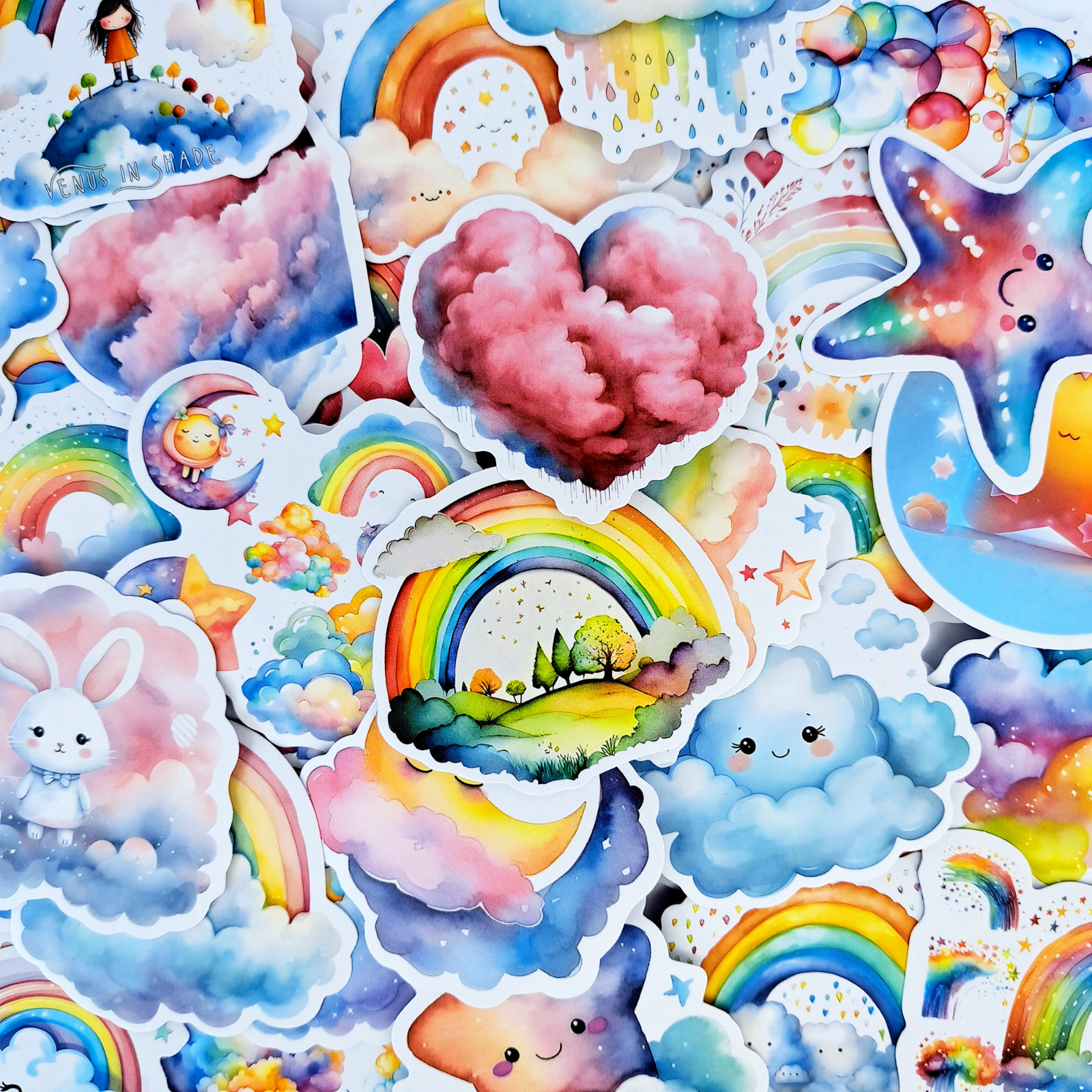 50 PCS Baby Rainbow Sticker Pack Fairytale Rabbits Fluffy Clouds Cartoon Gifts