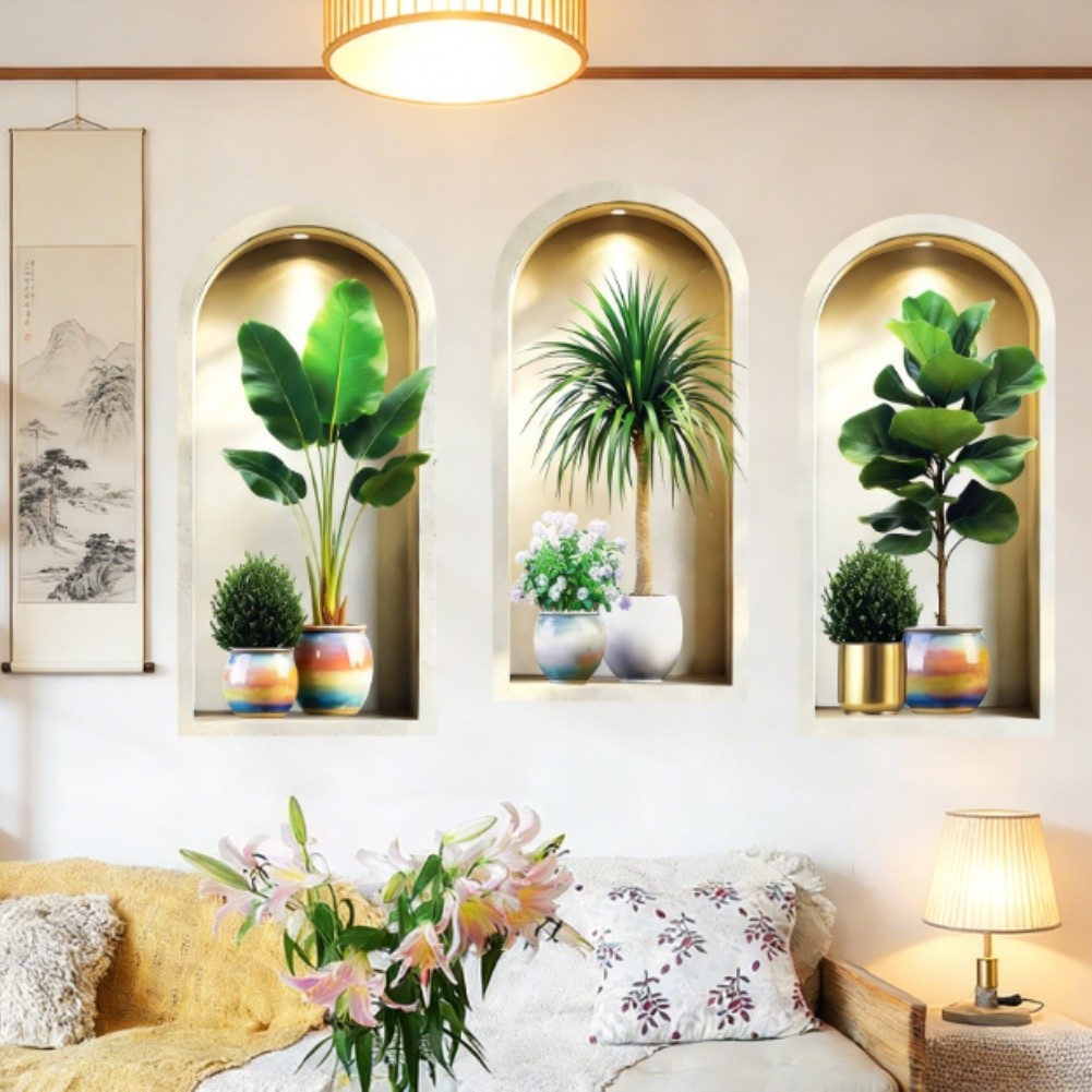 3D Potted Plant Wall Stickers 3PCS Set for Indoor For Room Decoration 40x80cm