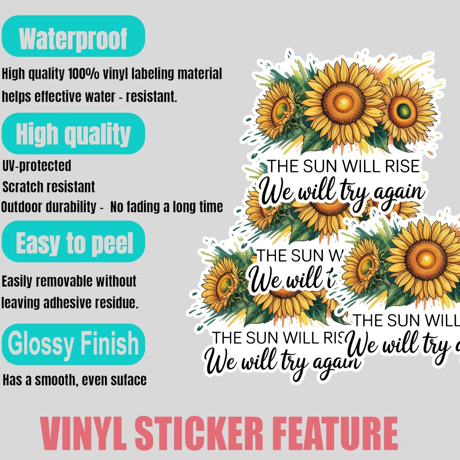 4pcs Sunflower Inspirational Stickers: Waterproof Vinyl Decals
