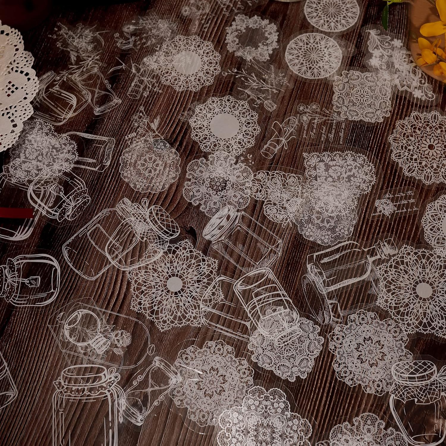90 Pcs Transparent Lace Stickers,Pet Vintage Decorative DIY Decals White Retro A