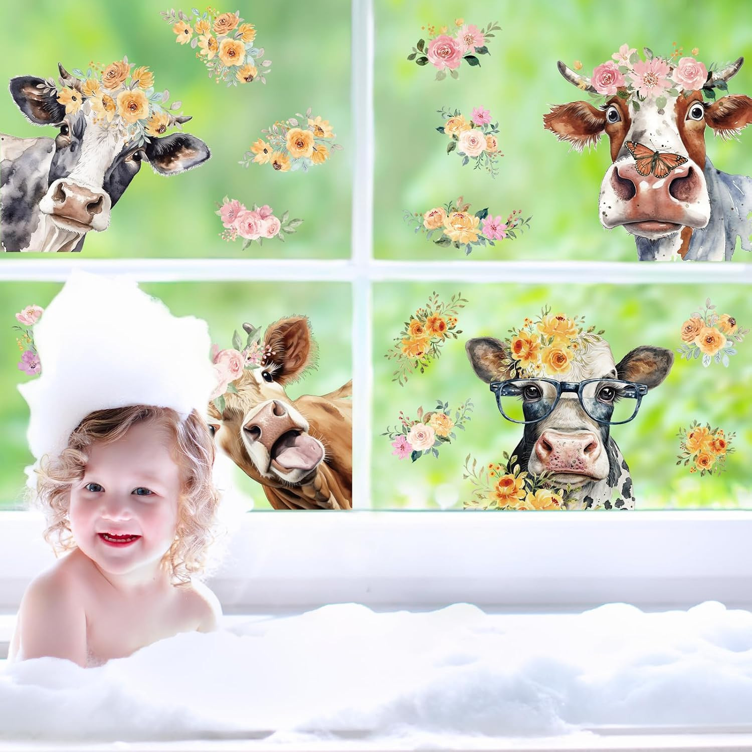 Floral Cow Window Clings Cute Cow Window Stickers Double-Side