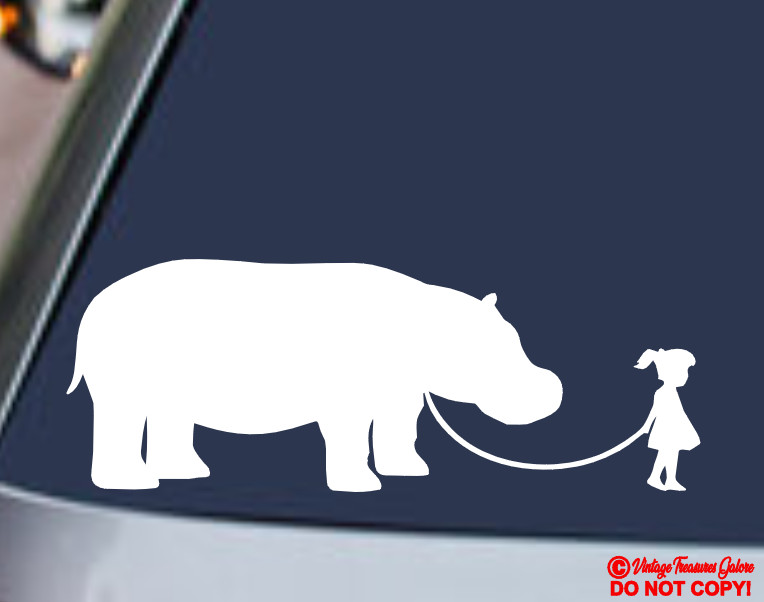 GIRL WALKING A HIPPOPOTAMUS Vinyl Decal Sticker Car Window Wall Bumper PET HIPPO