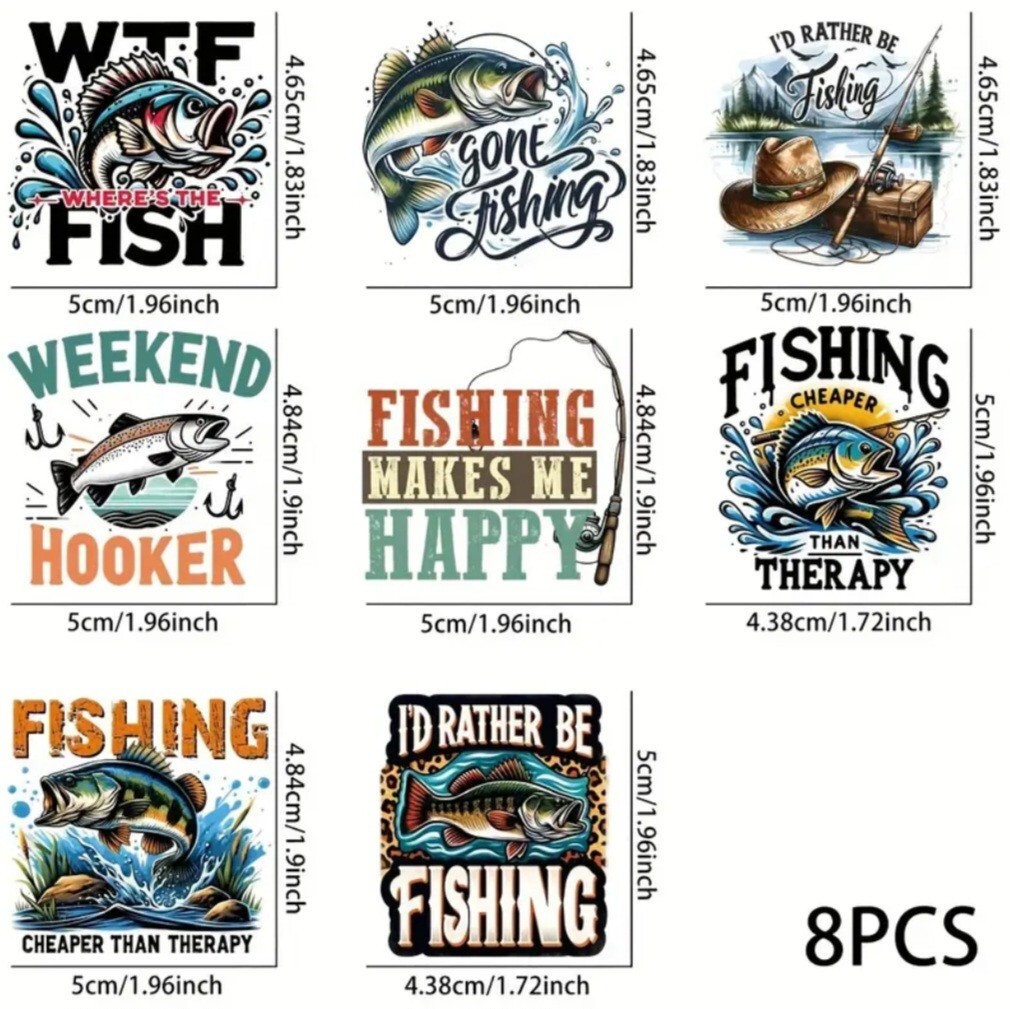 UV DTF Funny Fishing Fisherman Transfer Sticker Set 8 Decals Appx 2 x 2 Inches