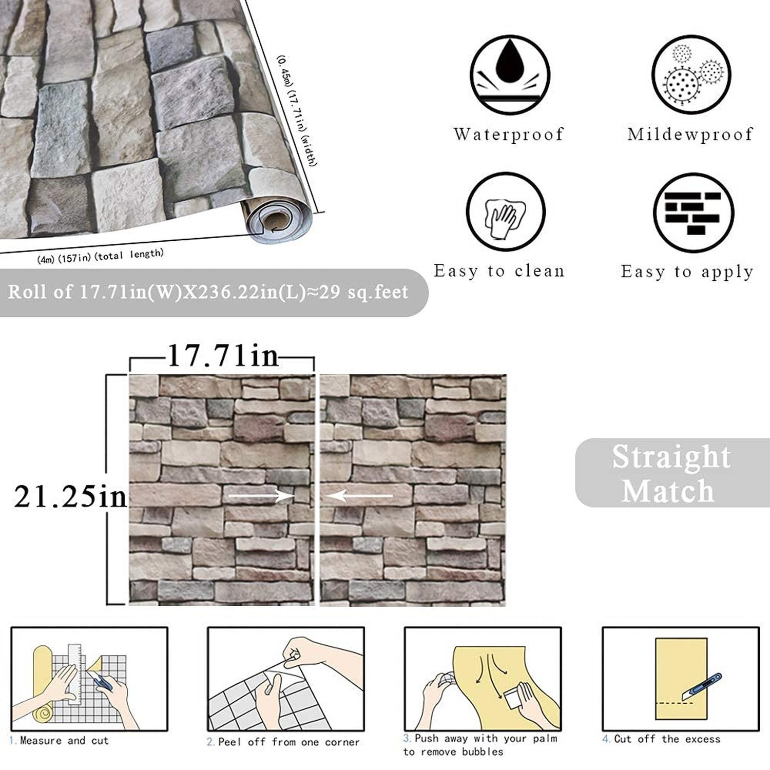 Ohmywor Stone Peel and Stick Wallpaper 17.7"x 118" Self-Adhesive Brick Wall P…