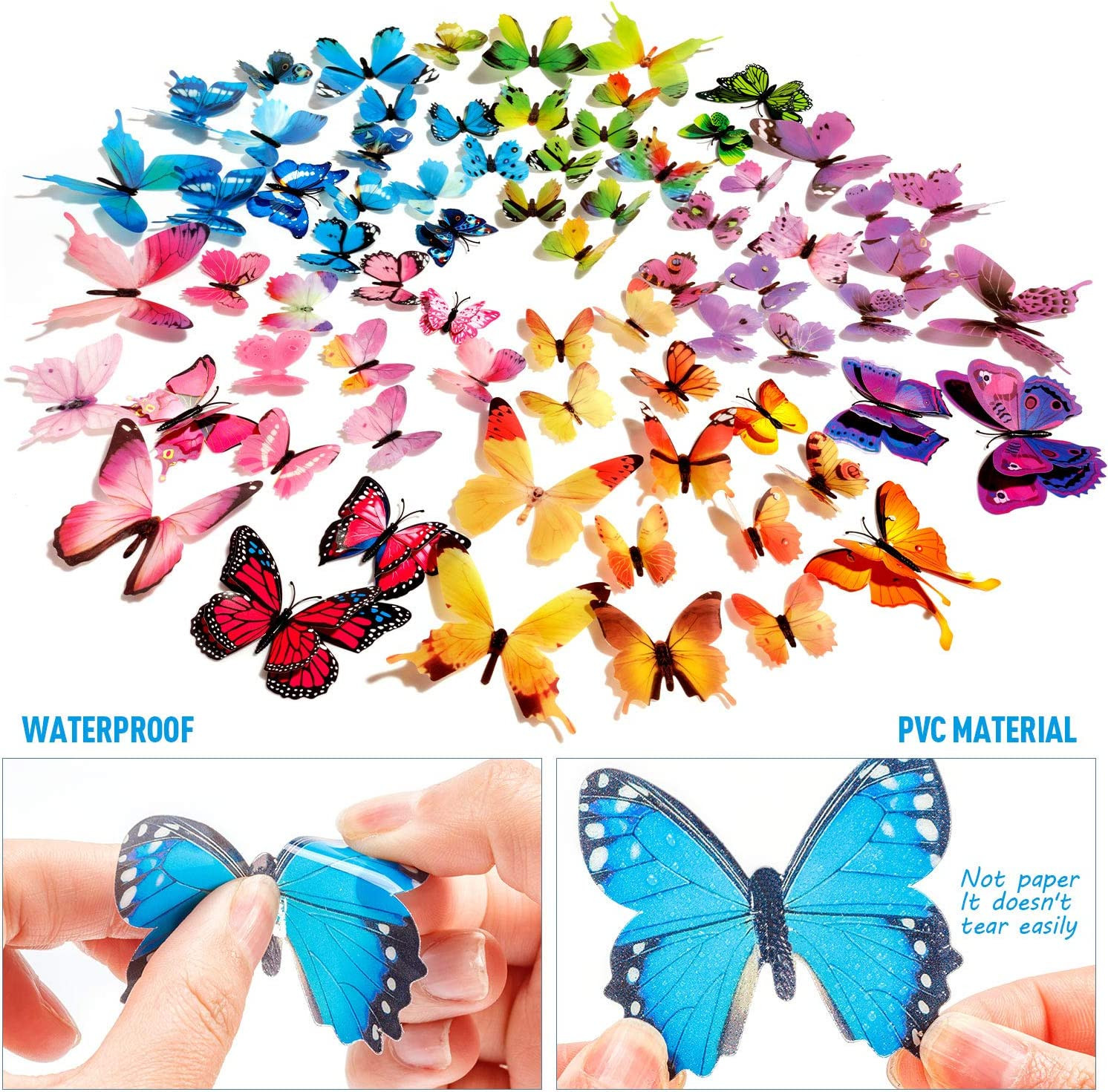 120PCS 3D Colorful Butterfly Wall Stickers, Butterfly Wall Decals, Removable But