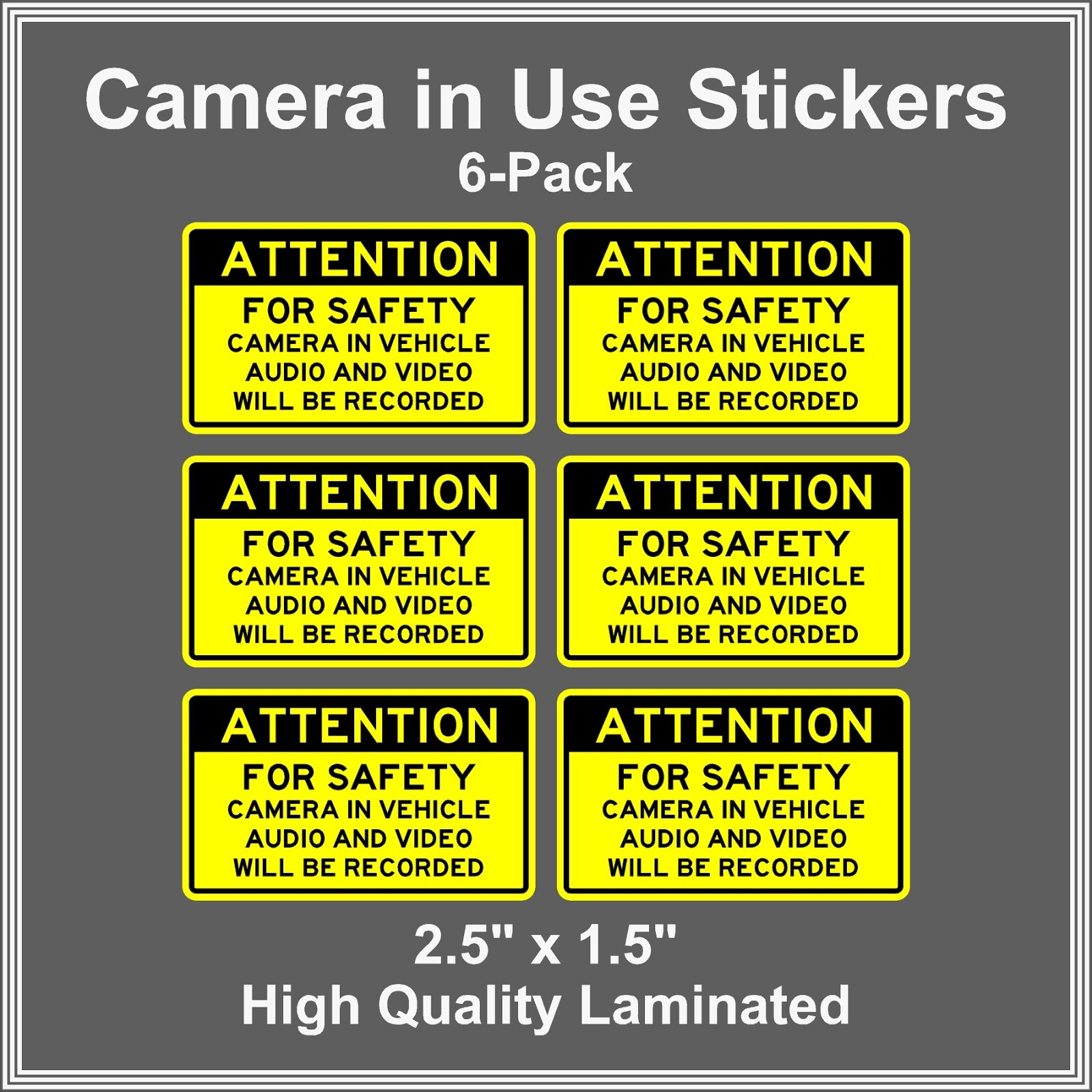 Camera in Car Recording Video 6-Pack Decals Yellow & Black 2.5" x 1.5" for Uber
