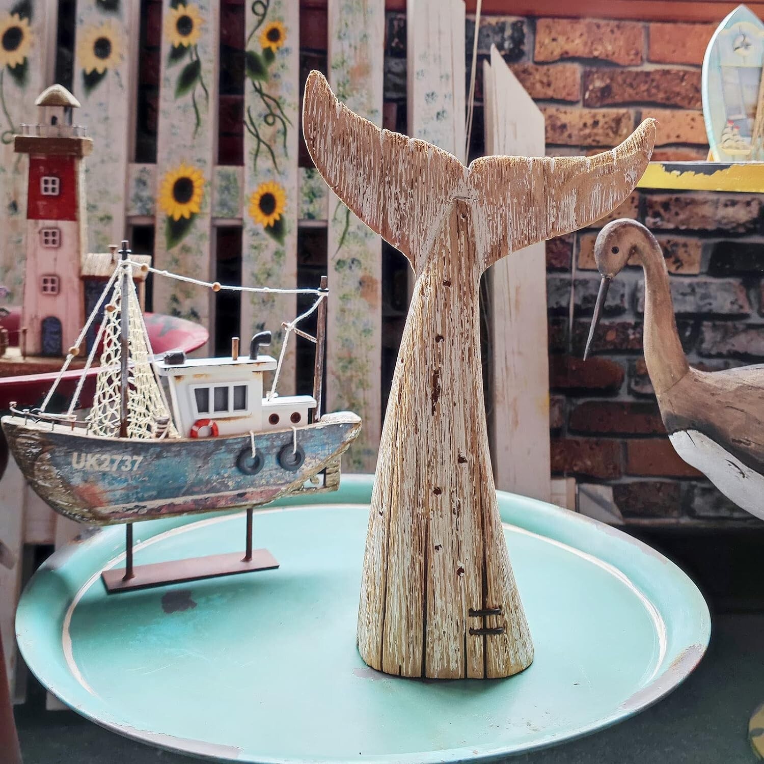Nautical Home Decor Wood Whale Tail Tabletop Statue Decorative Rustic Sculpture(