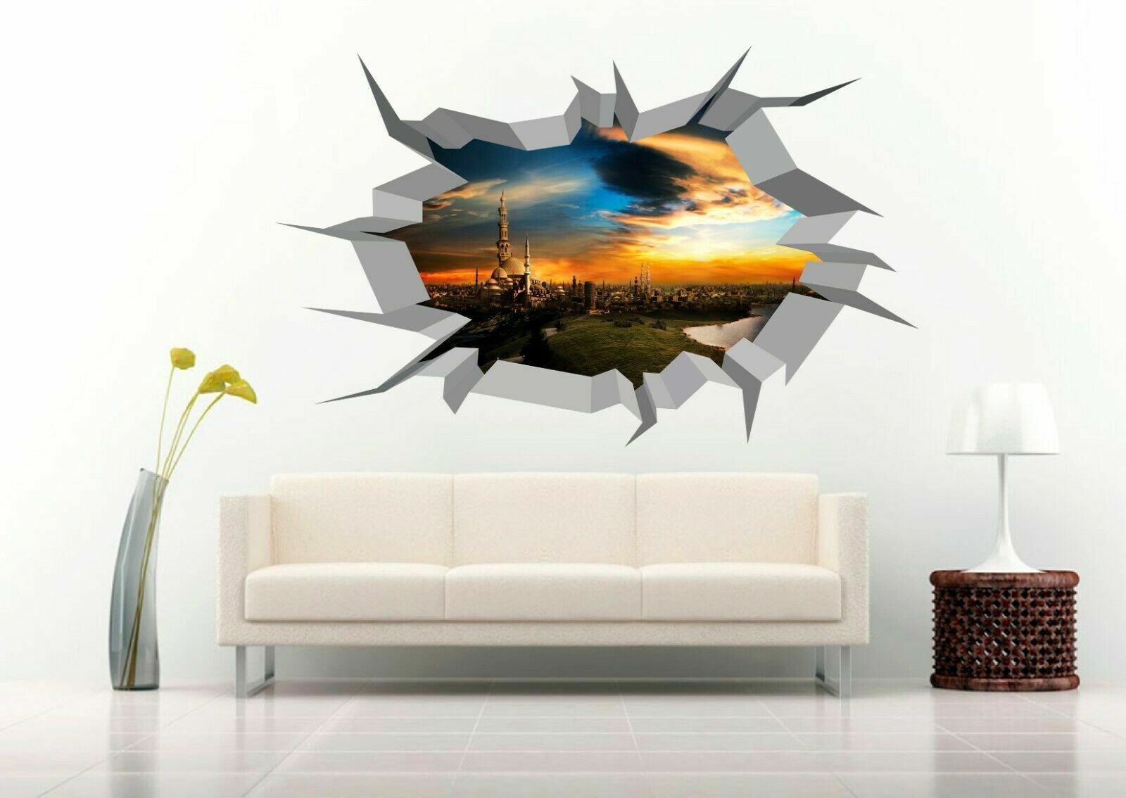 Indian City Landscape 3D Crack Hole Wall Decal Vinyl Sticker Mural Art Decor