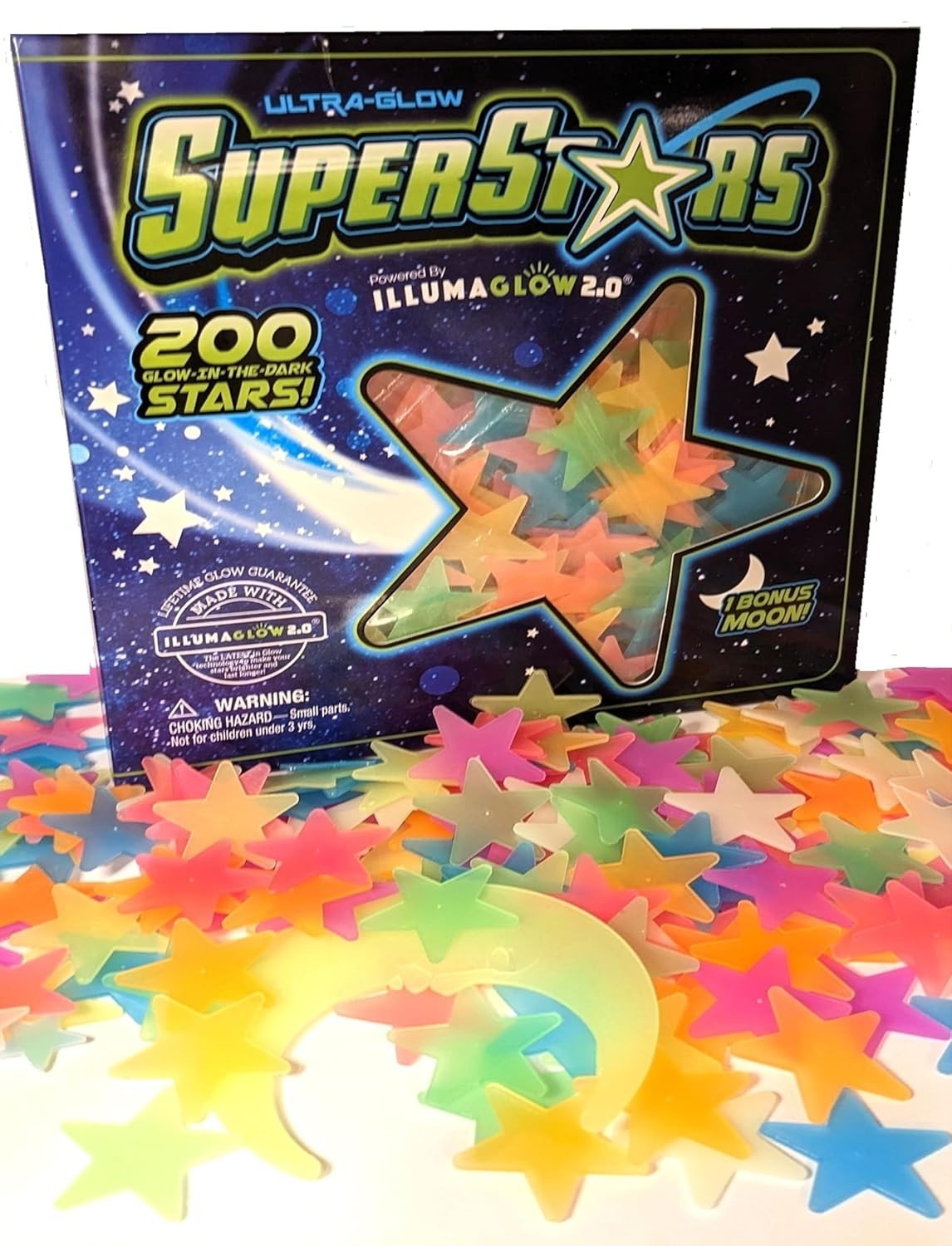 Multi-Colored Glow Stars Set – 200 Room Stickers with Bonus Moon for Kids' Décor