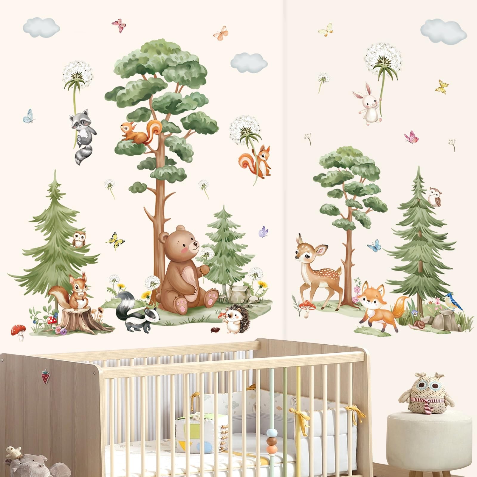 Large Woodland Animal Tree Wall Stickers Forest Animals Bear Deer Dandelion P…